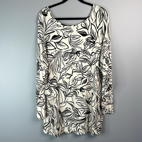 Christian Siriano Fern Print Hi Low Top Black Ivory Scoop Neck Long Sleeves 2X - Picture 6 of 10